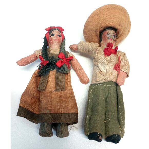 Vintage Mexican Folk Art Fabric Cloth Handmade Dolls 6" Set of 2 1940's? - Picture 8 of 8